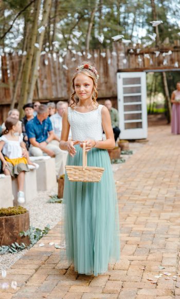 Flower girl. V back, gathered skirt