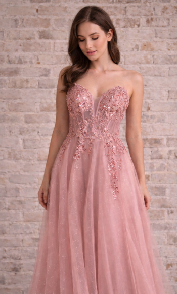 Dusty pink A-line Ballgown with sequins and embellishments and mesh skirt