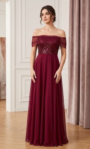 Burgundy off shoulder dress